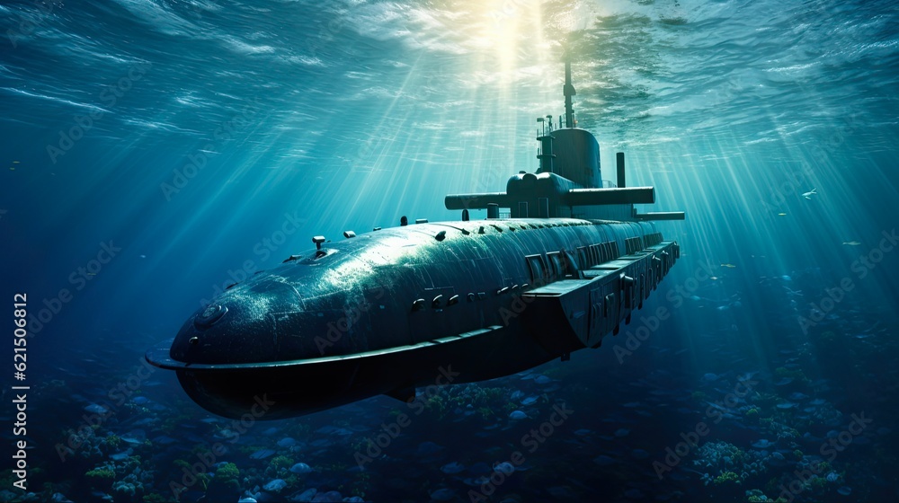 Submarine on Open Blue Sea Russian Fleet Nuclear Submarine on