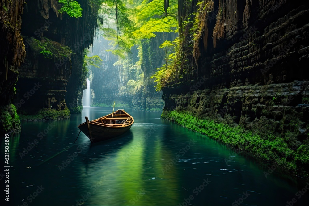 Takachiho Gorge: Majestic Waterfall and Boat in the Green Landscapes of Miyazaki, Japan: Generative AI - obrazy, fototapety, plakaty 