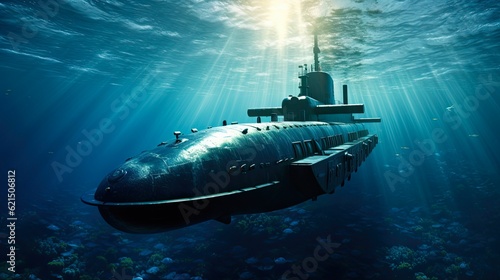 Submarine on Open Blue Sea: Russian Fleet Nuclear Submarine on Underwater Expedition: Generative AI