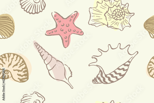 Seashell pattern ,  fabric pattern , wallpaper,  textile design,  shells , colorful seashells , shellfish, conch , mollusks , starfish , marine illustration, vector illustration ,  ocean , scallops