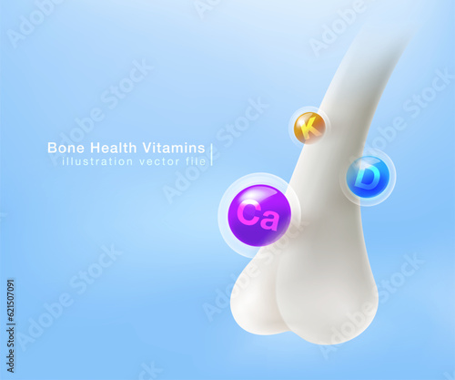 Nourish bones with nutrition and Vitamin D, Calcium, Magnesium. Bone protection medical or health concept. Realistic vector file.