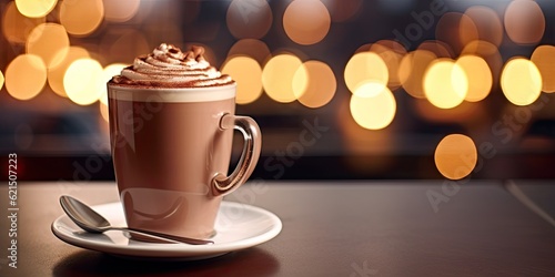 Close up of hot drink with chocolate on wooden table with copy space