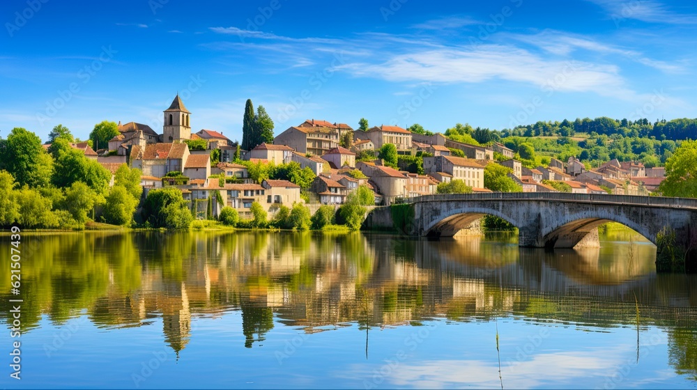 Panoramic View of Bergerac: Exploring the Picturesque Town Overlooking the Dordogne River in Aquitaine, France: Generative AI