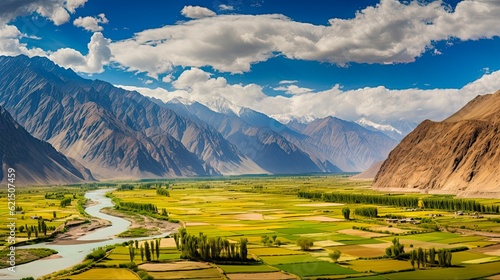 Panoramic View of Ladakh's Indus Valley in the Himalayas, India: A Picturesque Himalayan Landscape. Generative AI photo