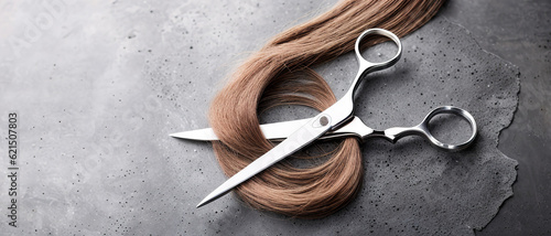 Fotografiet Hairdresser's scissors with strand of blonde hair, generative ai.
