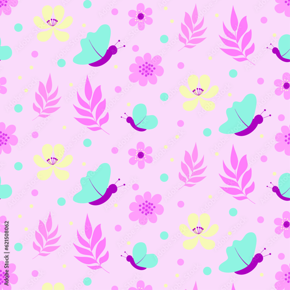 Seamless summer pattern with abstract yellow and pink flowers, pink twigs with long leaves, butterflies with mint wings and fuchsia body, and colorful circles on a pink background. Vector illustration Seamless summer pattern with abstract yellow and pink flowers, pink twigs with long leaves, butterflies with mint wings and fuchsia body, and colorful circles on a pink background. Vector illustration