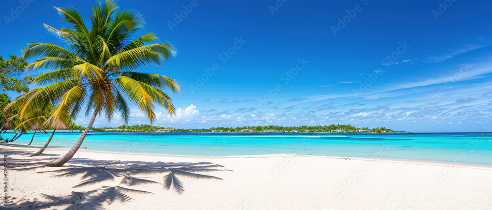 Fototapeta premium Paradise beach of a tropical island, palm trees, white sand, azure water. Famous stone beach in the Seychelles. Generative AI.
