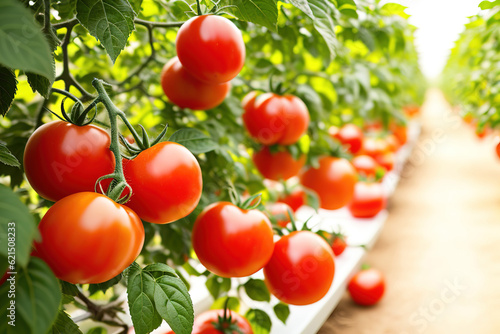 Ripe tomato plant growing in greenhouse. Generative ai.