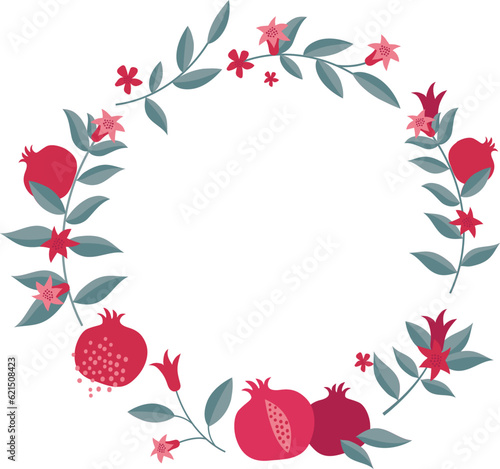 pomegranate frame with leaves and flowers. Rosh Hashanah , Jewish new year holiday