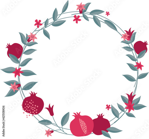 pomegranate frame with leaves and flowers. Rosh Hashanah , Jewish new year holiday