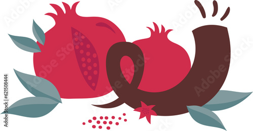 pomegranate and Jewish horn, shofar. Rosh Hashanah, Jewish New Year.