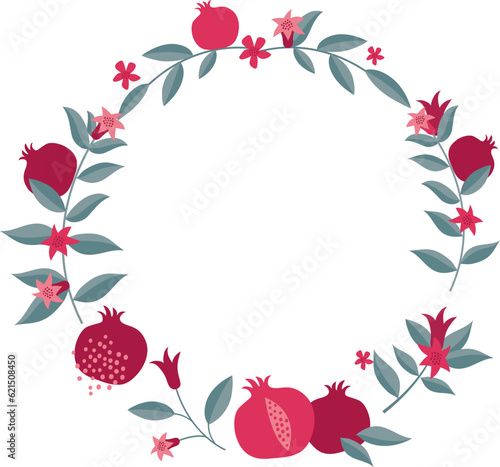 pomegranate frame with leaves and flowers. Rosh Hashanah , Jewish new year holiday