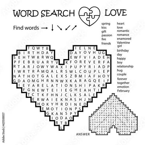 Word Search Crossword Puzzle. Heart. Love. Find the listed words in the puzzle and cross them out. Printable black and white educational activity page. Worksheet. Game for kids, adults