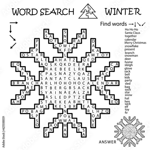 Word Search Crossword Puzzle. Snowflake. Winter. Find the listed words in the puzzle and cross them out. Printable black and white educational activity page. Worksheet. Game for kids, adults