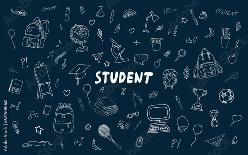 Set for students and schoolchildren. Back to school concept with objects. Student doodle, learning, lessons, learning time, toolbox.