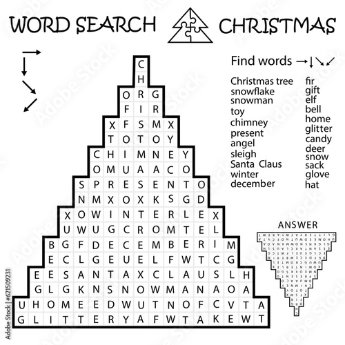 Word Search Crossword Puzzle. Christmas Tree. Find the listed words in the puzzle and cross them out. Printable black and white educational activity page. Worksheet. Game for kids, adults