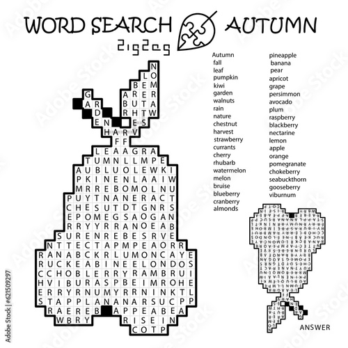 Zigzag Word Search Crossword Puzzle. Pear. Fruit. Words go right, left, down, up, at right angles, letter used only once. Black, white educational activity page. Worksheet. Game for kids, adults