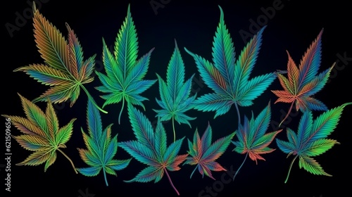 The design features a dark background with glossy, metallic, and neon elements, along with repeated patterns of marijuana leaves and cannabis for a high-contrast look. Generative AI