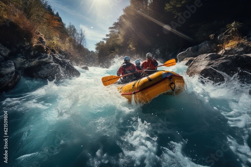 Rafting on a mountain river on a sunny day