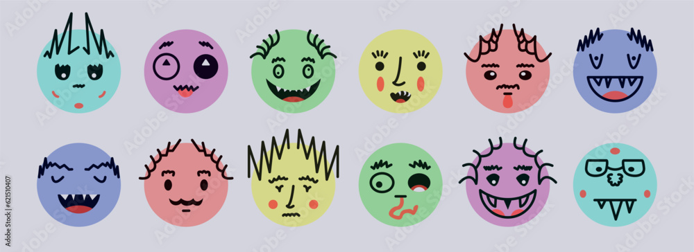 Abstract smile face icons. Cartoon round emoji avatars. Emoticon character set. Funny doodle isolated vector elements. Sad, angry, exhausted, shocked, confused faces. Abstract smile face icons. Cartoon round emoji avatars. Emoticon character set. Funny doodle isolated vector elements. Sad, angry, exhausted, shocked, confused faces.