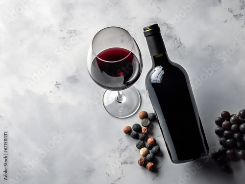 Wineglas with redwine and bottle photo