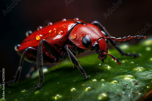 Macro shot of a red bug on a leaf in nature