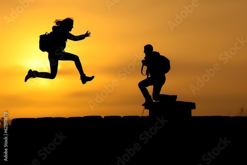 Silhouette of a man and woman jumping in the sunset ai generated