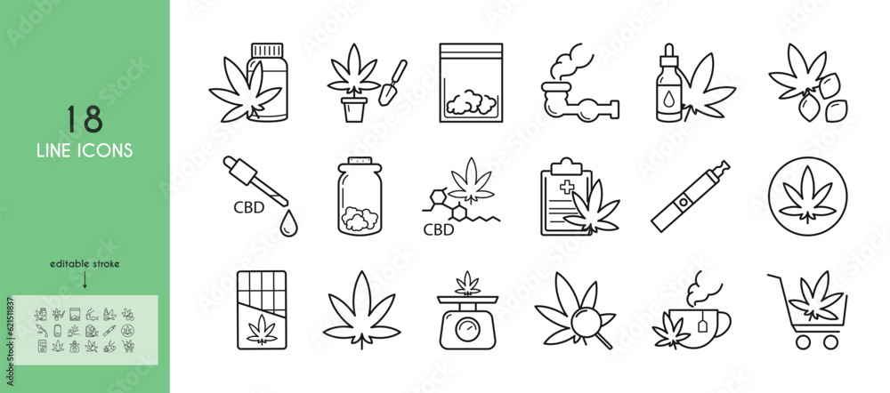 A set of cannabis store icons. Hemp seed, smoking pipe, cannabis oil, medical marijuana, tea, scales. Linear icons with editable stroke.