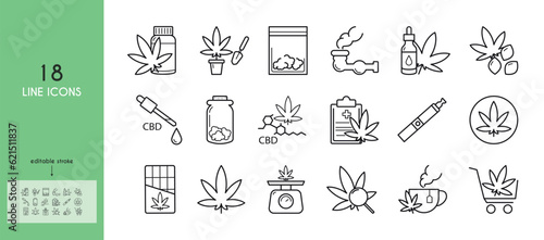 A set of cannabis store icons. Hemp seed, smoking pipe, cannabis oil, medical marijuana, tea, scales. Linear icons with editable stroke.