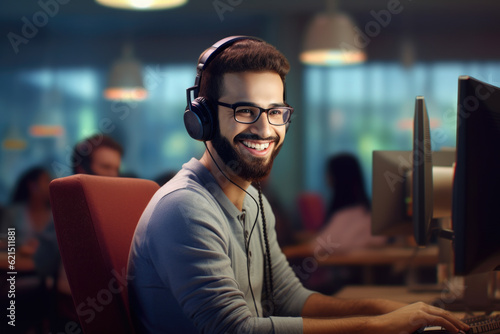 employee in an office setting wearing headphones and smiling. symbolize productivity and good mood at work, comfort and coziness. looks happy, which can create a positive impression on viewers