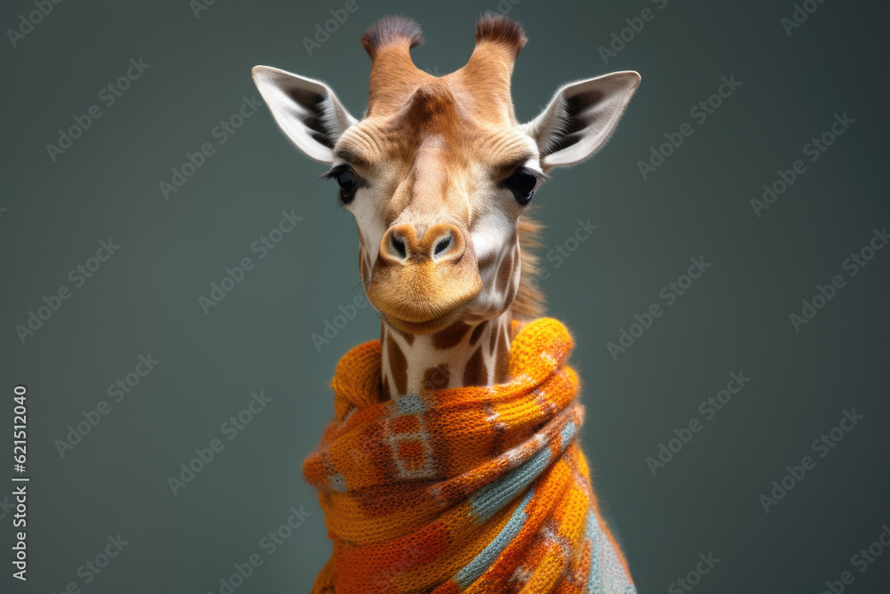 giraffe wearing a knitted scarf on a gray background. animal's elegance. attitude towards Western fashion or uniqueness and unusualness - obrazy, fototapety, plakaty 