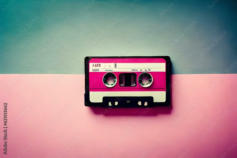 Fototapeta premium Flat lay vintage casette on pink background with copy space