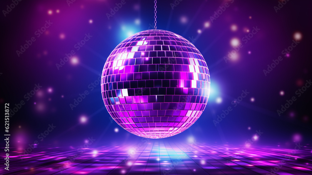 lila violet Discokugel mit Lichtern und Lichteffekten. Querformat. Generative Ai. lila violet Discokugel mit Lichtern und Lichteffekten. Querformat. Generative Ai.