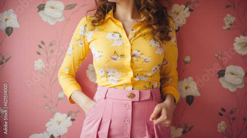 persona woman in a bright yellow floral top and pink pleated skirt. symbolize summer, fashion, and style. bright colors of the clothing and picturesque background can add visual interest and appeal photo