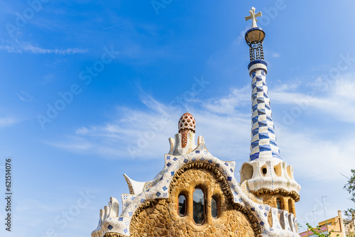 Pavilion of Park Guell in the city of Barcelona, Catalonia, Spain.