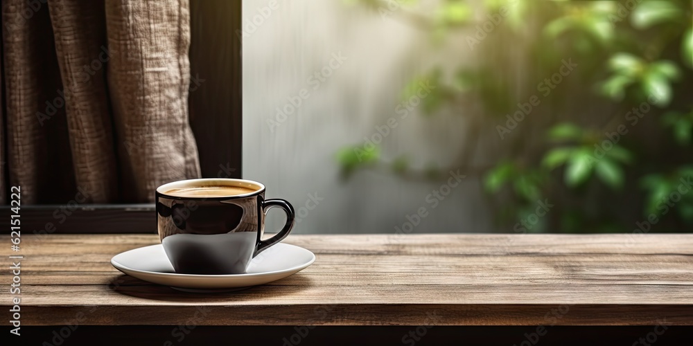 Cup of hot espresso on modern wooden table. Creating aroma, evoking sense of lifestyle and romance