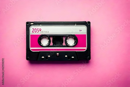 Vintage audio cassette on pink background with copy space