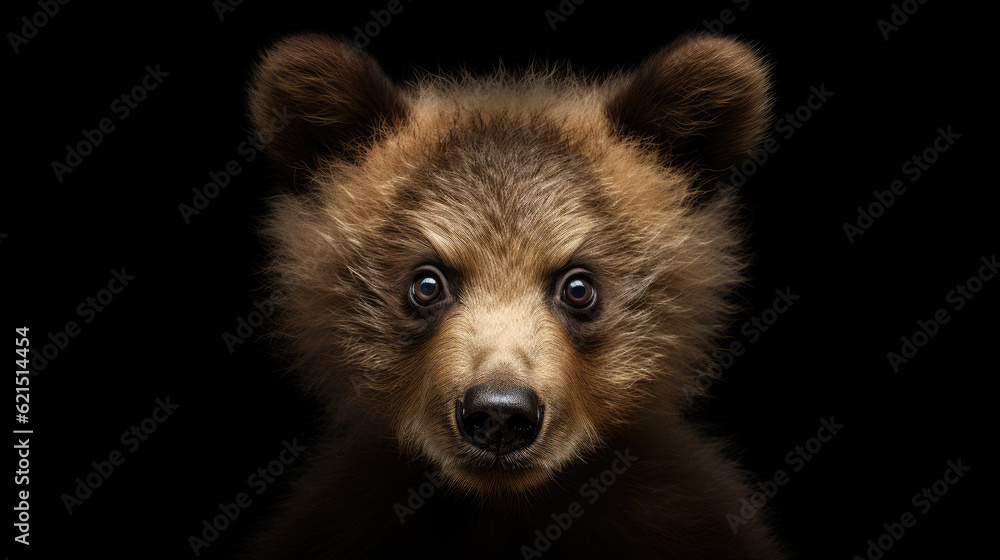 brown bear cubs. Close up portrait of cute brown bear kid on black background. Beautiful child isolated on black background, wildlife, bear, animals concept 