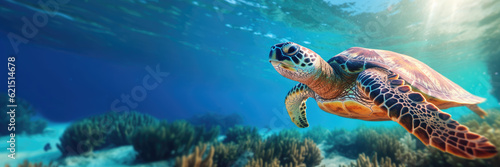 Close up underwater wild turtle floating over blue beautiful natural ocean background, with sunlight through water surface