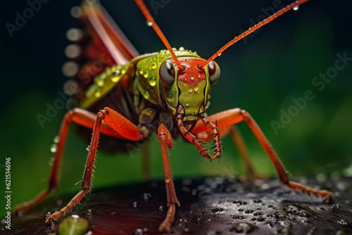 Close up of grasshopper with water droplets on its body