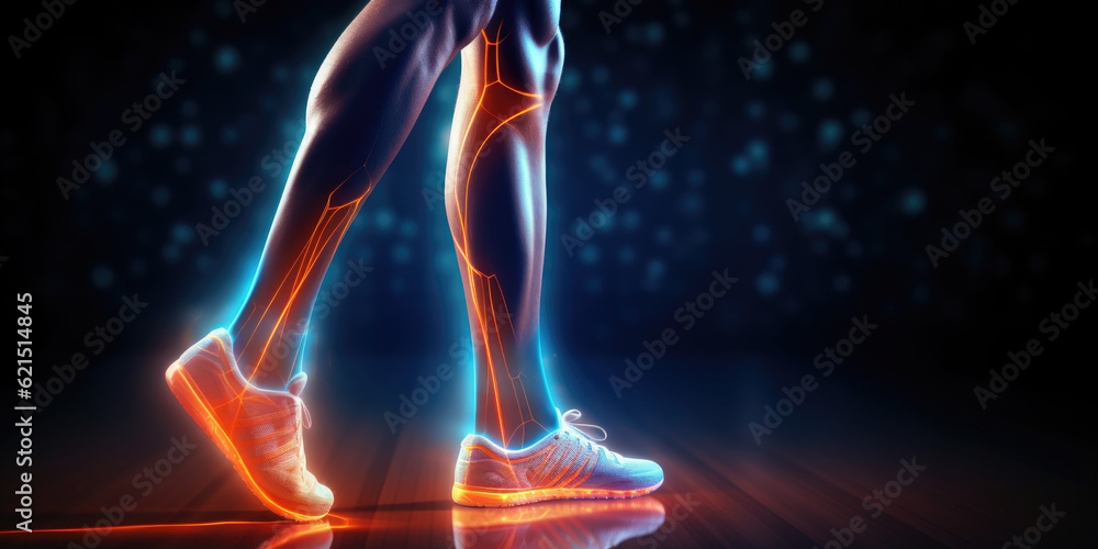 Obraz premium Concept of calf pain, runner's legs with a highlighted area indicating pain. Common injury in sports and fitness activities, emphasizing the need for proper training and recovery