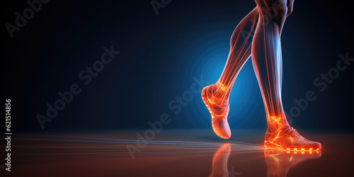 Concept of calf pain, runner's legs with a highlighted area indicating pain. Common injury in sports and fitness activities, emphasizing the need for proper training and recovery photo