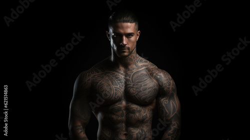 Confident man with muscular body tattooed, Assertive tattoo artist posing in a dark studio with a half - naked body wearing jeans, tattooed in a Japanese irezumi style