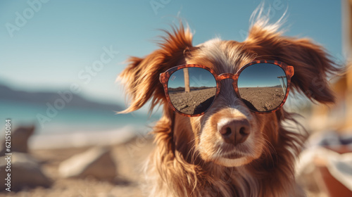 dog in sunglasses on beach natural features concept of holidays © DanteVeiil