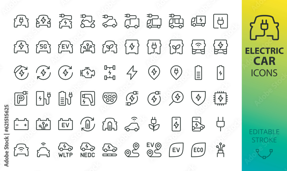 Electric car icons set. Set of electric vehicle charging station, EV plug, electric truck, bus, motorcycle, WLTP and NEDC EV range, energy recovery, smart e car, autopilot, eco transport vector icon.