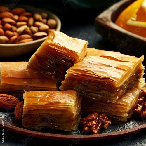 Baklava, Turkish dessert made of thin pastry, nuts and honey photo
