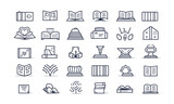 Book line symbols set. Open literature, a dictionary, an audiobook, a brochure, an encyclopedia, an education encyclopedia, and an information reference vector illustration. Draft sign for the library