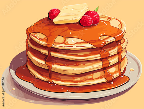 Pancake with butter, raspberry and syrup, watercolor drawing style