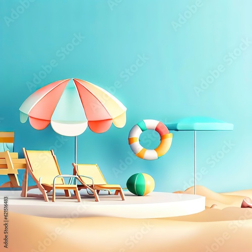 Summer vacation beach abstract background concept  Minimal Realistic Display Podium for Product mock-up or Cosmetics with summer theme  beach umbrella  sand  chairs  inflatable ring