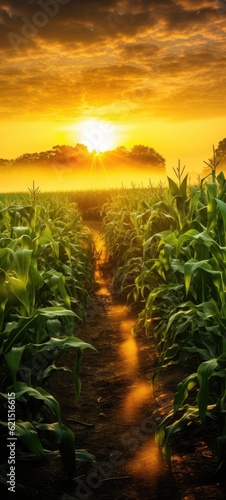 Sunrise over a cornfield at dawn in Illinois in July, generative ai
